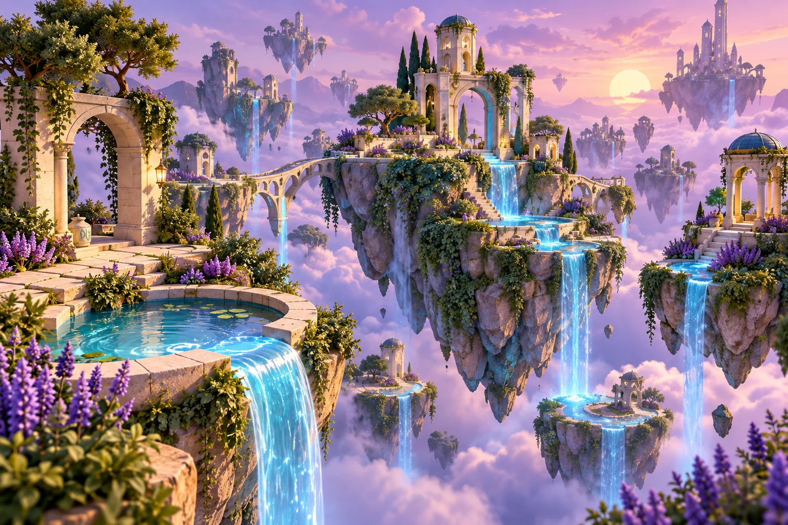 Dreamlike floating garden islands above luminous blue water